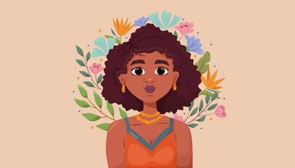 Beautiful young black woman with flowers on a light background. African feminine design. Abstract modern poster. Vector inventory 