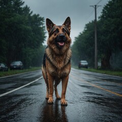 A German Shepherd dog standing forlornly amidst a misty forest puppy breed German Shepherd walking in winter park A dog, a stray. A large wolf-like animal surrounded by wild nature.