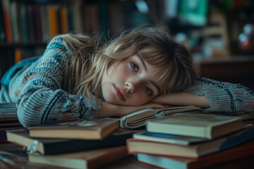 A young girl lays her head on her arms, feeling exhausted from studying