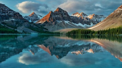 A nice natural beauty scene. Beautiful mountain lake with reflection in the water at sunset.