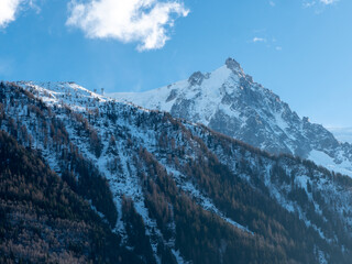 mountains with snow, rocks and green trees at the top blue sky, chamonix french alps