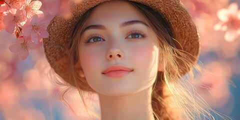 Obraz premium Young woman in a straw hat gazing serenely amidst blooming cherry blossoms, capturing the essence of spring and natural beauty.