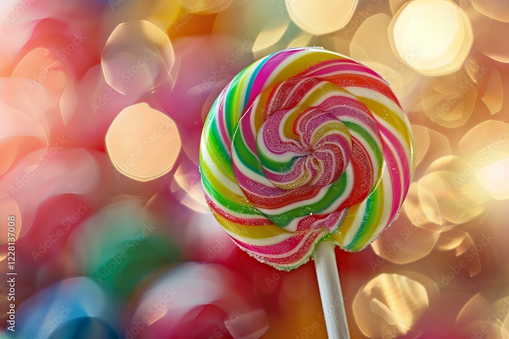 Poster bright rainbow lollipop with colorful swirl pattern on a blurred sparkling background creates a fest