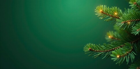 Softly glowing fir branches on a minimalist green background, winter, tree
