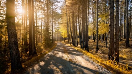 Obraz premium Autumn landscape with a road in the forest and sun rays.