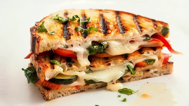 Delicious grilled cheese sandwich with oozing melted cheese, fresh tomato, zucchini, and mozzarella on toasted bread. Perfect lunch or snack for cheese lovers