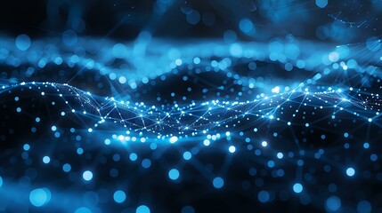 Abstract digital network visualization with glowing blue particles and connecting lines forming a dynamic wave pattern, perfect for technology and connectivity concepts.