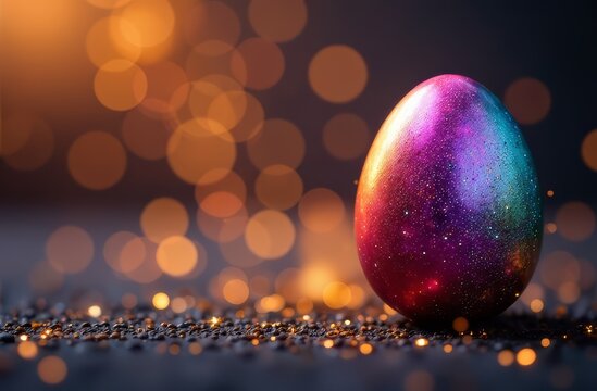 Close-up of an Easter multicolored egg lying on a dark background surrounded by lights and sideways. The concept of a holiday, Easter, laconic greetings.