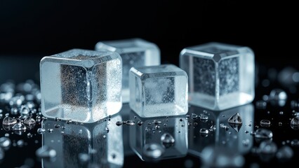 Fresh ice cubes melting on a dark reflective surface with scattered water droplets	