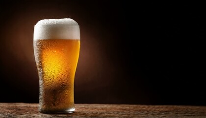 A cold glass of light beer with a foamy head and condensation droplets stands on a wooden surface. The dark background creates a cozy atmosphere, emphasizing the drink’s freshness. Free space for text