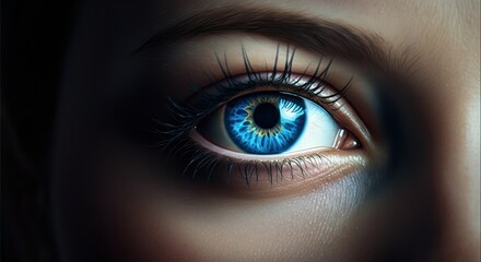 Fototapeta premium Close-up of a woman's eye showcasing vibrant blue iris and detailed eyelashes