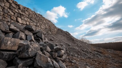 Fototapeta premium Stone quarry with large rocks and blue sky.