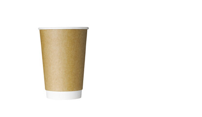 cardboard glass of brown color, for coffee or tea on an isolated white background close up