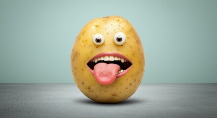 Funny potato with a face, sticking out its tongue and making a silly expression