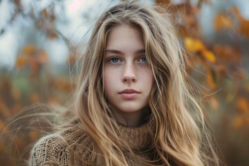 Naklejka premium Blonde teenage girl with freckles wearing a sweater in a fall setting with wind blowing through her hair