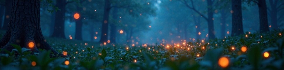 Softly glowing fireflies lighting up a misty forest at dusk, insects, night, nocturnal