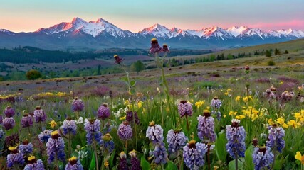Fototapeta premium Sunset in the high alpine meadow with wildflowers.