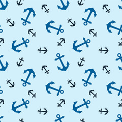 Blue and Black Anchor Seamless Pattern on Light Blue Background