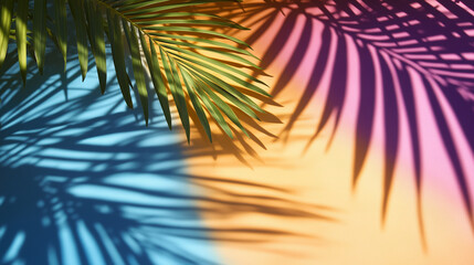 Fototapeta premium Palm leaf with vibrant shadows on a gradient background of blue, yellow, and pink, concept of tropical design, summer branding, and creative visual marketing