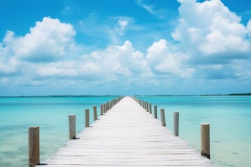 Obraz premium Long wooden pier reaching into calm turquoise waters under a beautiful cloudy sky, creating a serene tropical paradise scene
