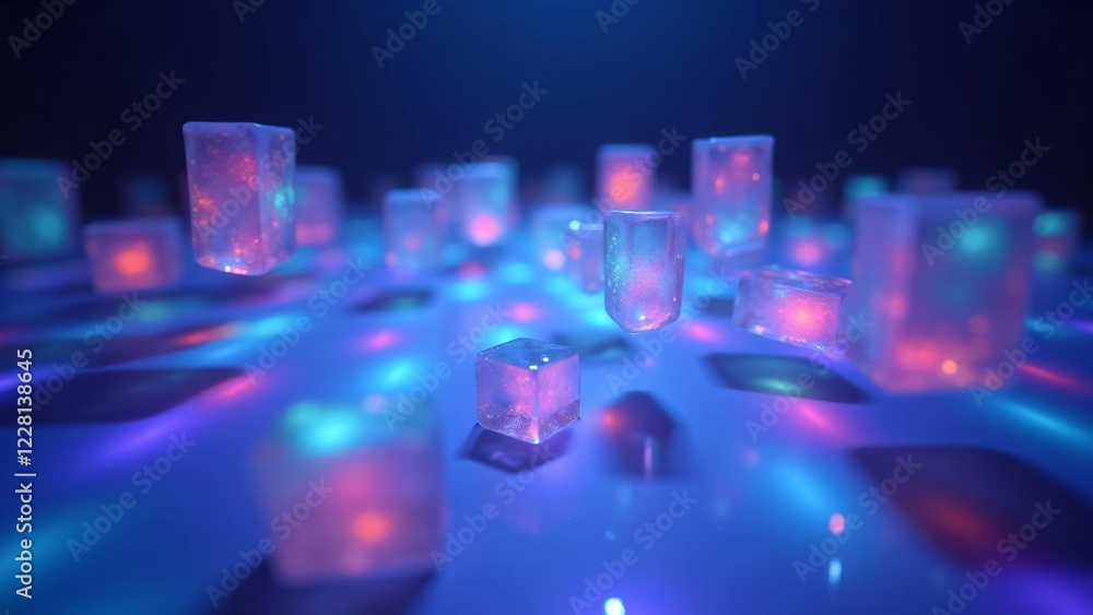 Poster holograms floating in the air with light dispersion effects, creating a dreamlike, shifting visual o