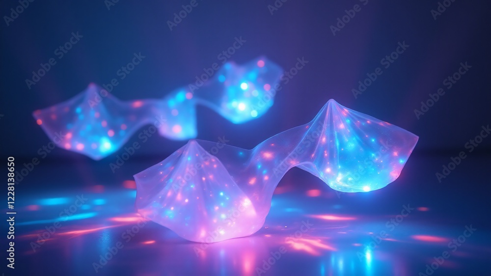 Poster holograms floating in the air with light dispersion effects, creating a dreamlike, shifting visual o