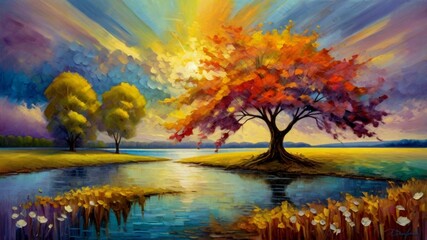 Painting of a tree with colorful flowers in the autumn season. Oil color painting.
