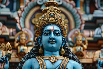 Close up of a vibrant blue statue of a hindu deity, adorned with gold ornaments and a majestic crown, holding a golden scepter