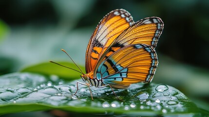 Vibrant orange and blue butterfly perched on a dewy green leaf.