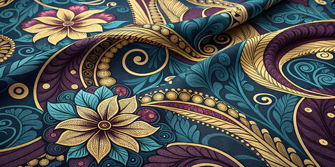 Fototapeta premium Intricate floral pattern with colorful paisley design on fabric