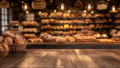 Fototapeta premium Warm Bakery Tabletop: Freshly Baked Bread and Pastries