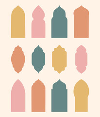 Set of modern oriental, islamic arches, windows and doors. Modern vector elements collection.