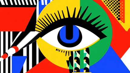 Abstract eye with bold geometric shapes and vibrant colors.