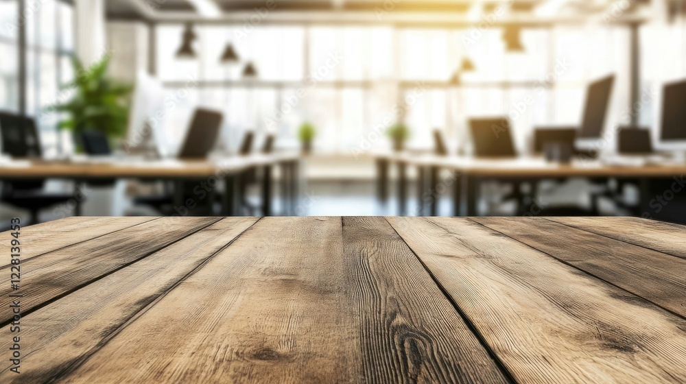 Poster rustic wooden table surface with natural grain patterns in front of a blurred office interior featur