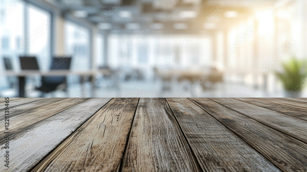 Aufkleber rustic wooden table surface with visible textures set against a blurred modern office interior featu