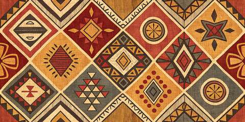 Colorful geometric tribal patterns with diamond and star motifs in earth tones