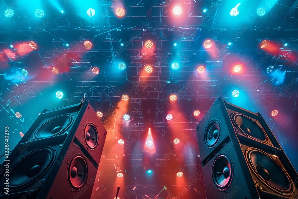 Poster powerful sound speakers and dynamic spotlights illuminating empty stage, setting the scene for an el
