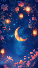 Fototapeta premium Artistic Islamic design, glowing stars and crescent moon intertwined with floral vines