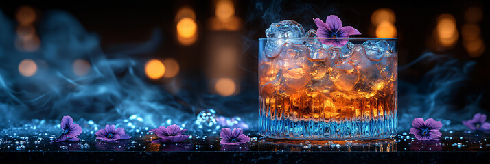 Elegant whiskey cocktail with ice and purple flowers in smoky luxurious setting