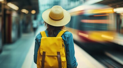 Woman in hat with train passing by