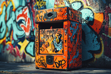 Vibrant jack-in-the-box adorned with graffiti art against a colorful urban backdrop in sharp detail