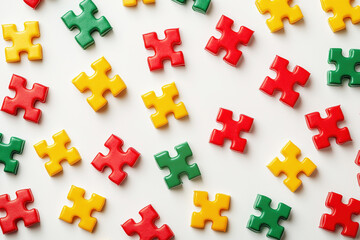 Obraz premium Colorful building blocks and puzzle pieces create a vibrant kids pattern on a clean white background