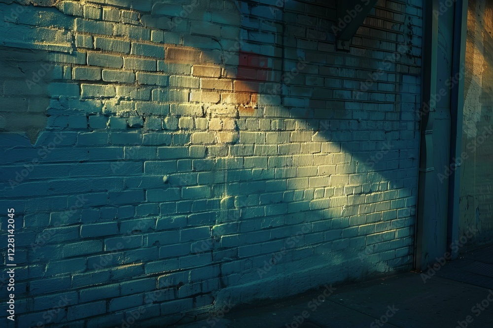 Aufkleber sunlight casts shadows on a textured, painted brick wall, creating an abstract pattern of light and 