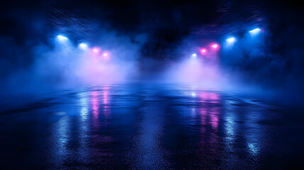 Dark street, wet asphalt, reflections of rays in the water. Abstract dark blue background, smoke, smog. Empty dark scene, neon light, spotlights. Concrete floor
