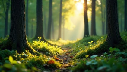 Softly glowing forest floor illuminated by dappled sunlight filtering through fir branches, delicate grain, nature, sunlight