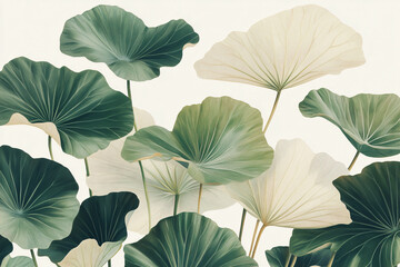 Serene Lotus Leaves: An elegant arrangement of lotus leaves in varying shades of green and cream, creating a tranquil and visually appealing image.