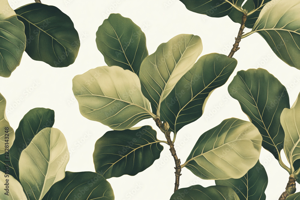 Poster serene green leaves: lush, stylized illustration featuring an array of large, vibrant green leaves w