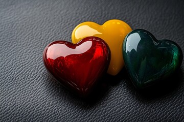 Fototapeta premium A stunning arrangement of glossy heart-shaped objects in red, yellow, and green on a black leather surface, ideal for Valentine's Day, love-themed promotions, or branding.