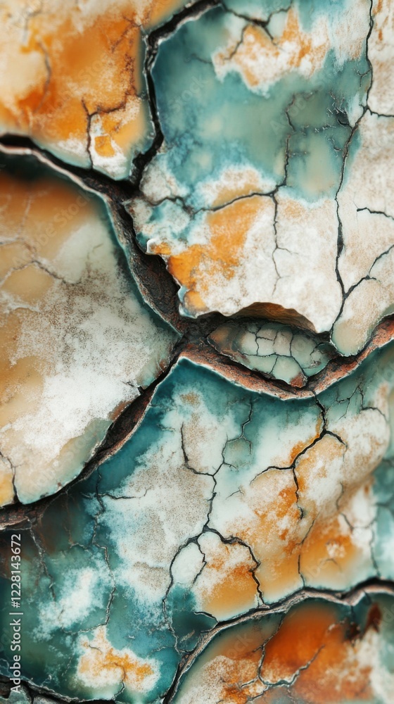 Poster textured surface with cracks in vibrant blue and orange tones showing intricate patterns in natural 