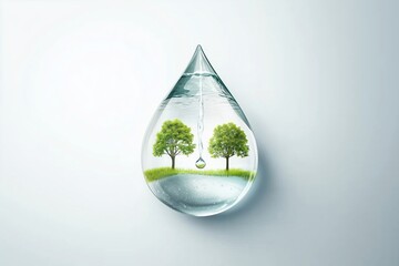 Eco-concept of two trees inside a water droplet with a bright white background. Sustainability and environmental preservation.